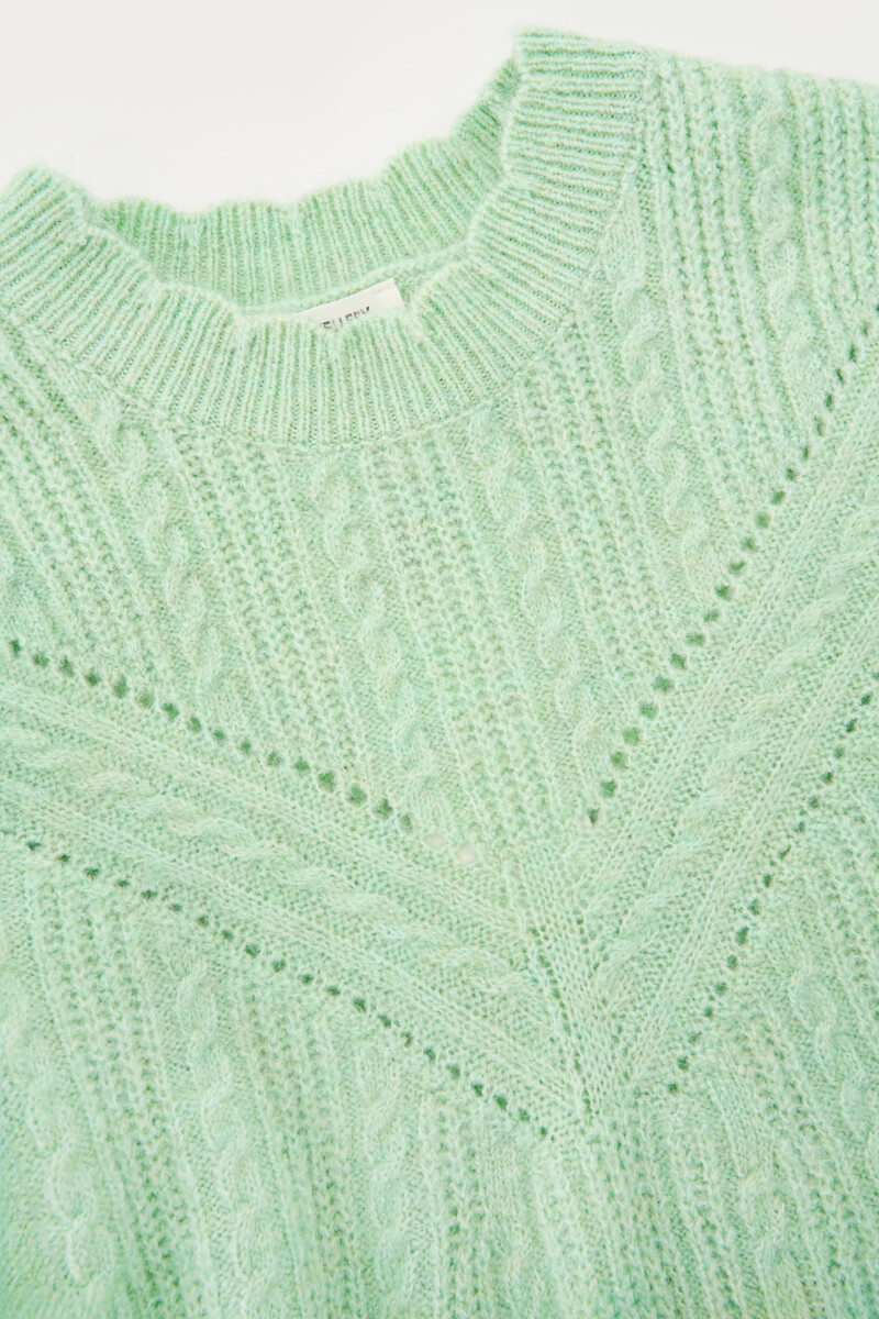 Turquoise cable sweater with scalloped edge | My Jewellery