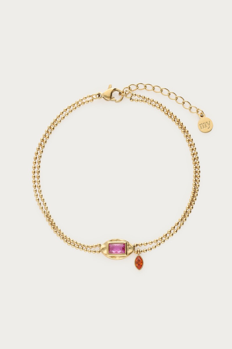 Vintage dubbele armband met roze strass steen