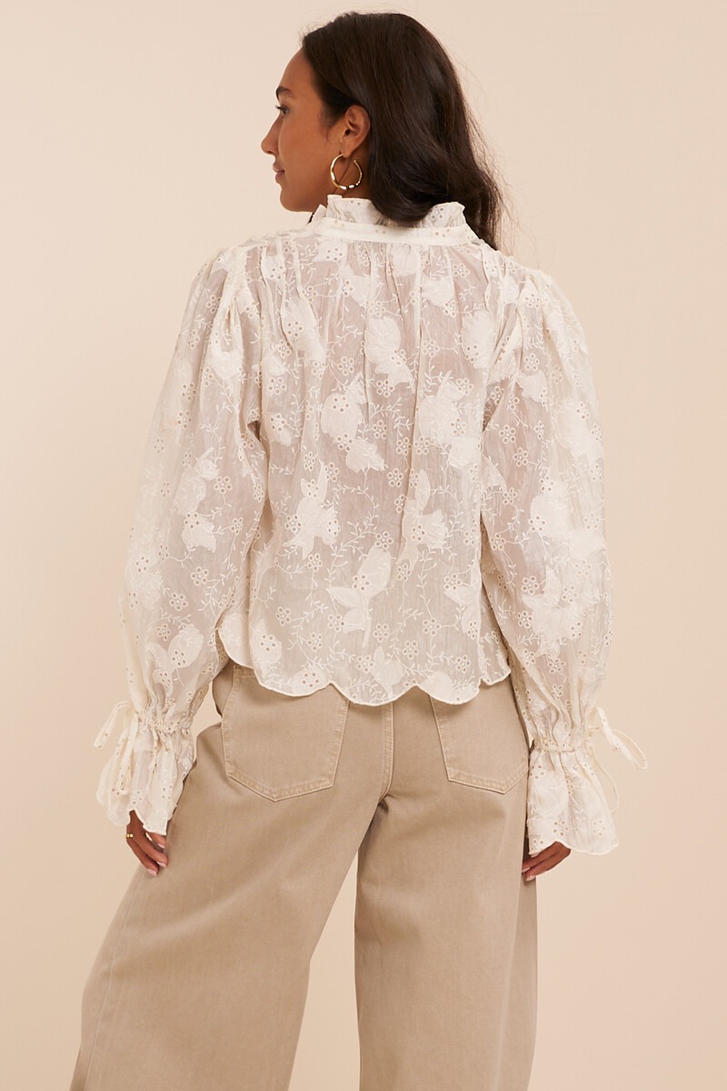 White Blouse with Embroidery and Scalloped Bell Sleeves | My Jewellery