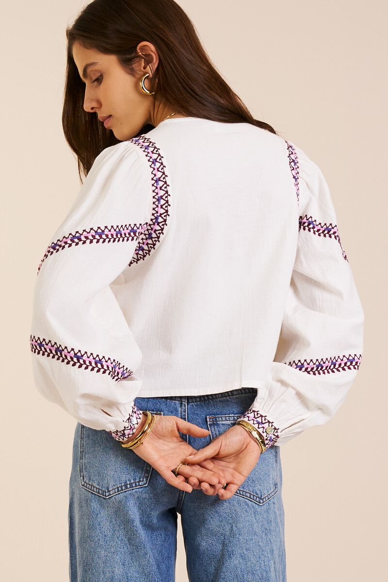 White blouse with purple embroidery | My Jewellery