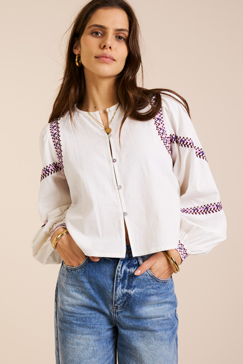 White blouse with purple embroidery | My Jewellery