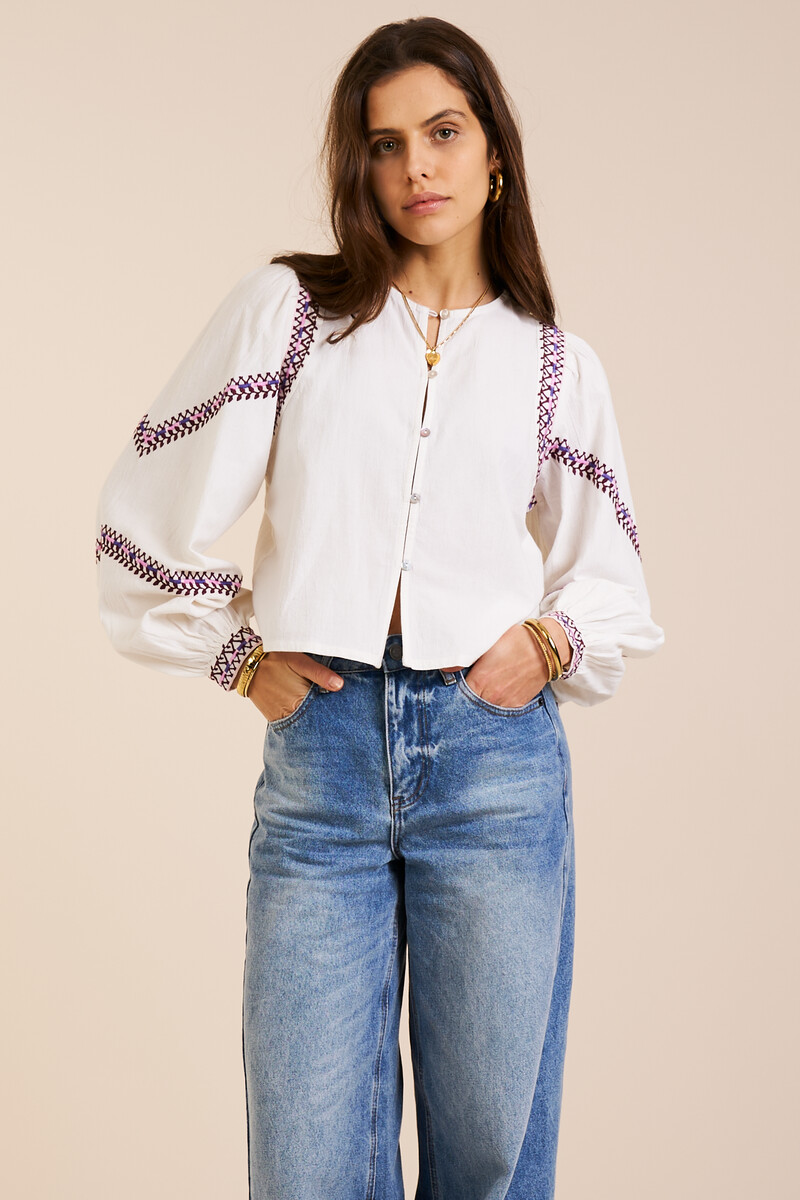 White blouse with purple embroidery | My Jewellery