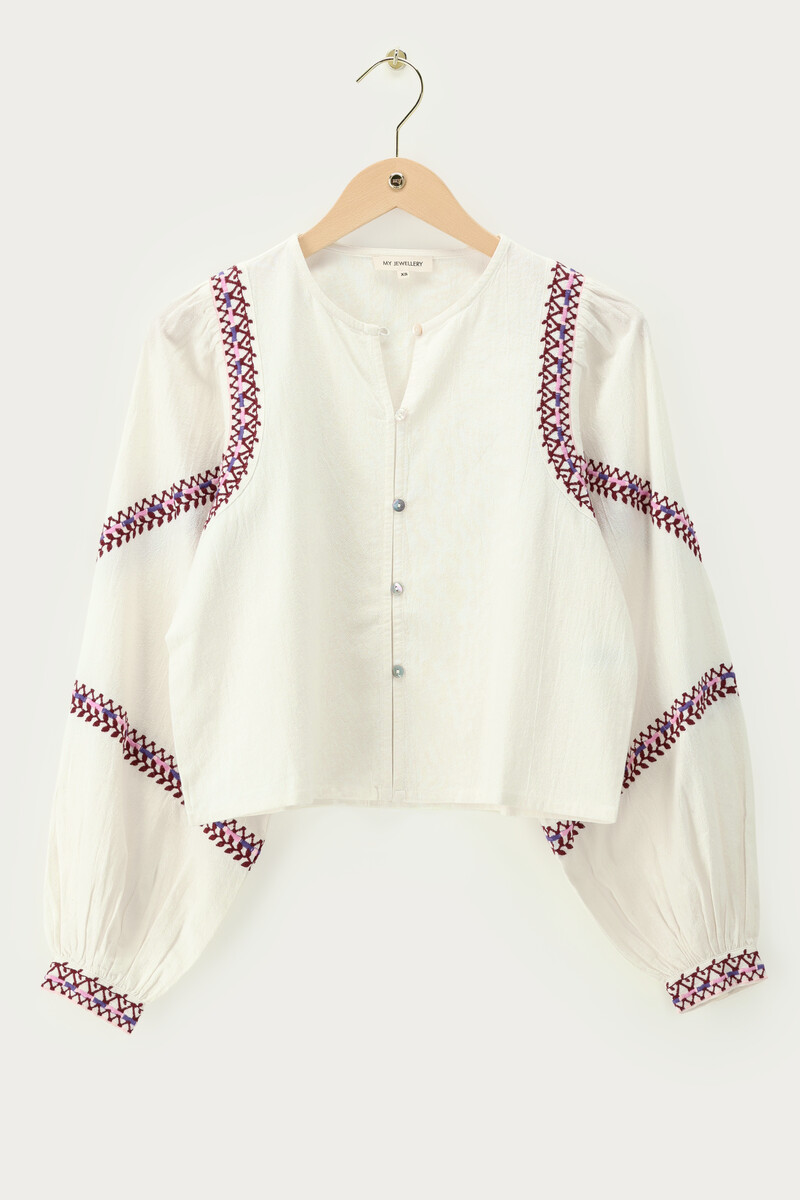 White blouse with purple embroidery | My Jewellery