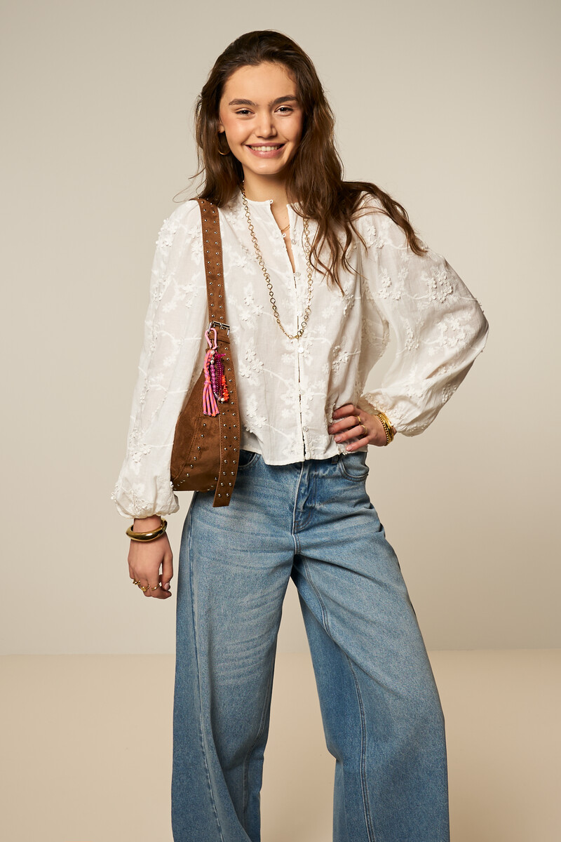 White blouse with trumpet sleeves and 3D flowers | My Jewellery