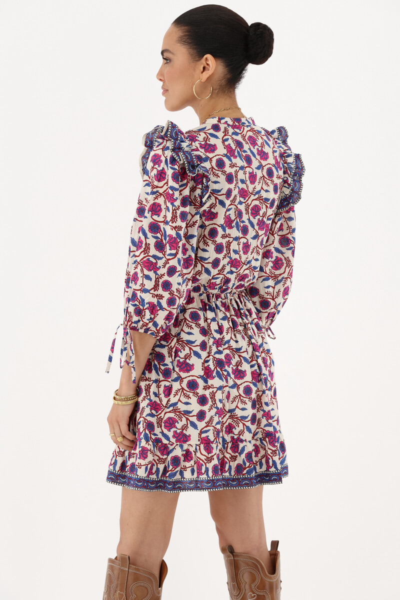 White dress with floral print & ruffles | My Jewellery