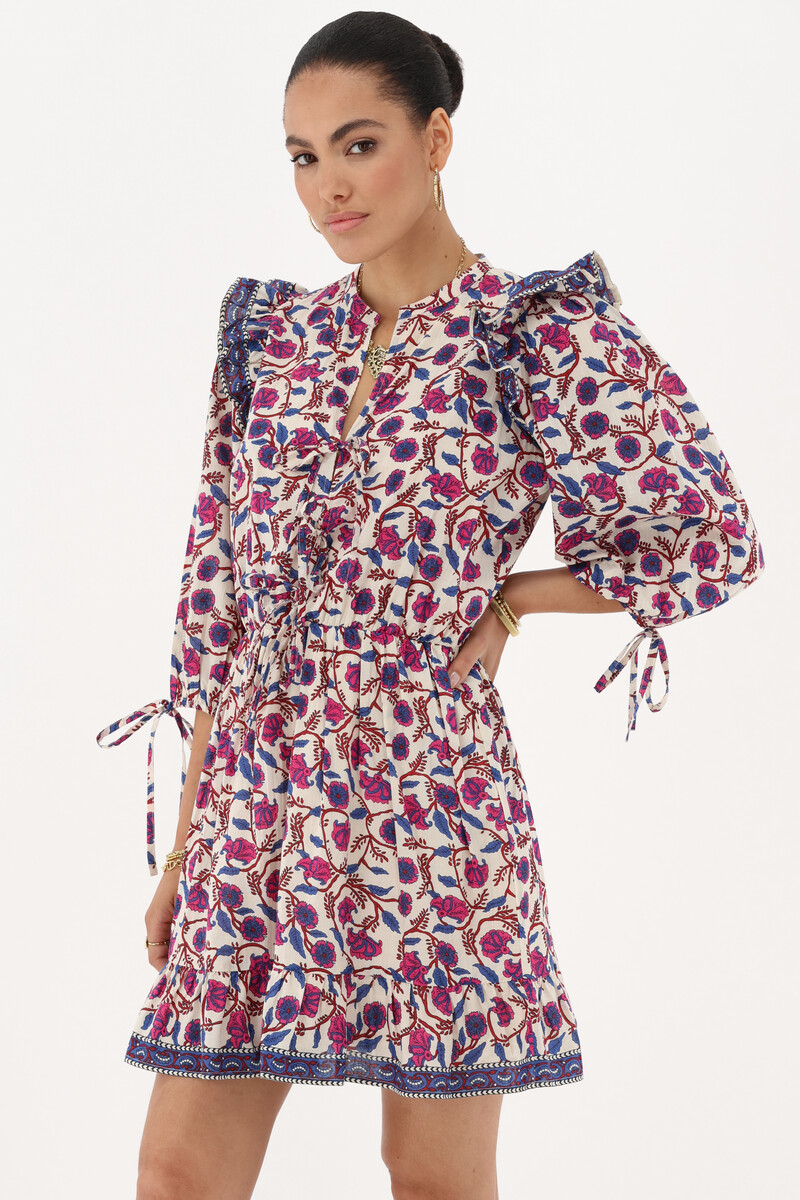 White dress with floral print & ruffles | My Jewellery