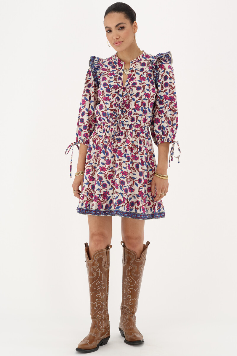 White dress with floral print & ruffles | My Jewellery