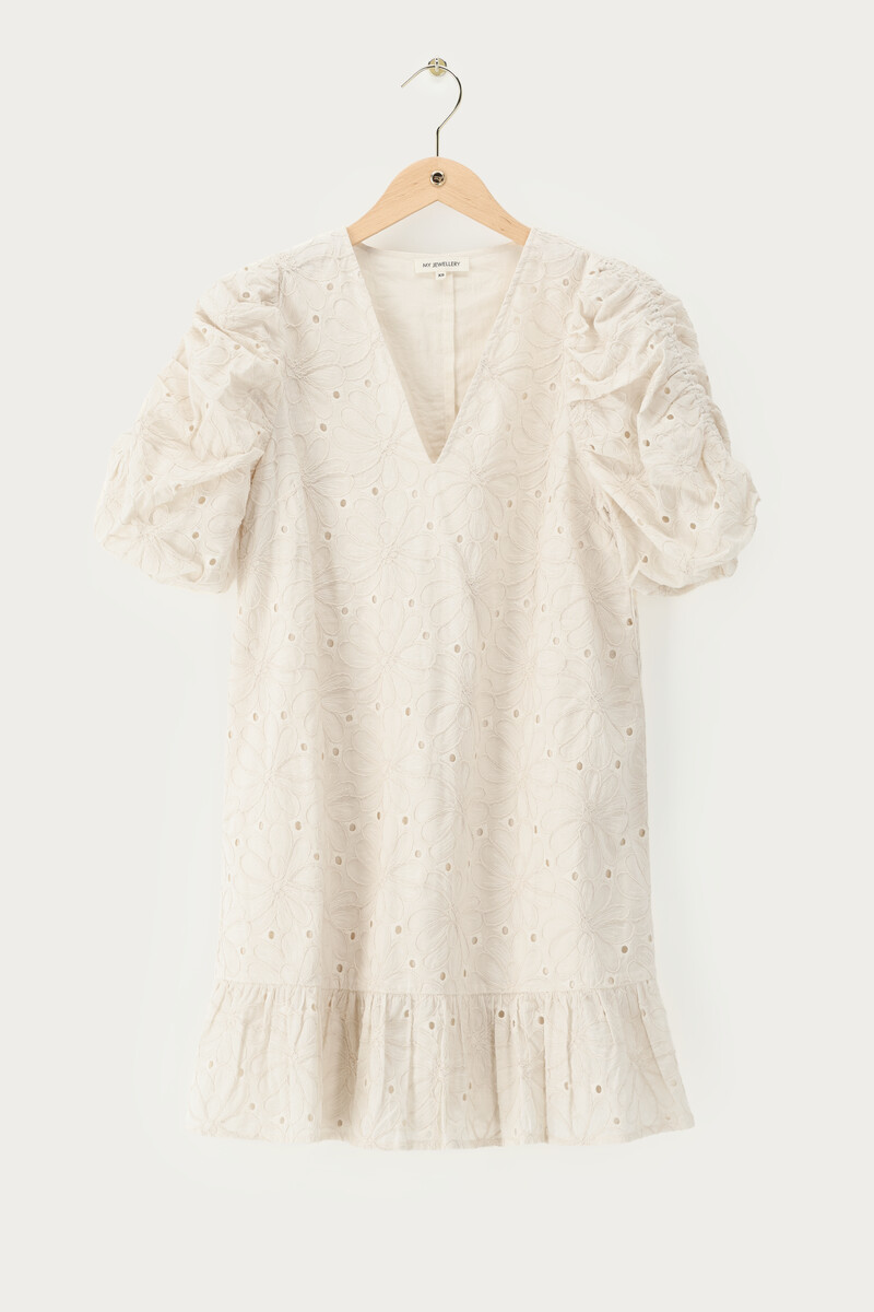 White dress with short puff sleeves and embroidery | My Jewellery