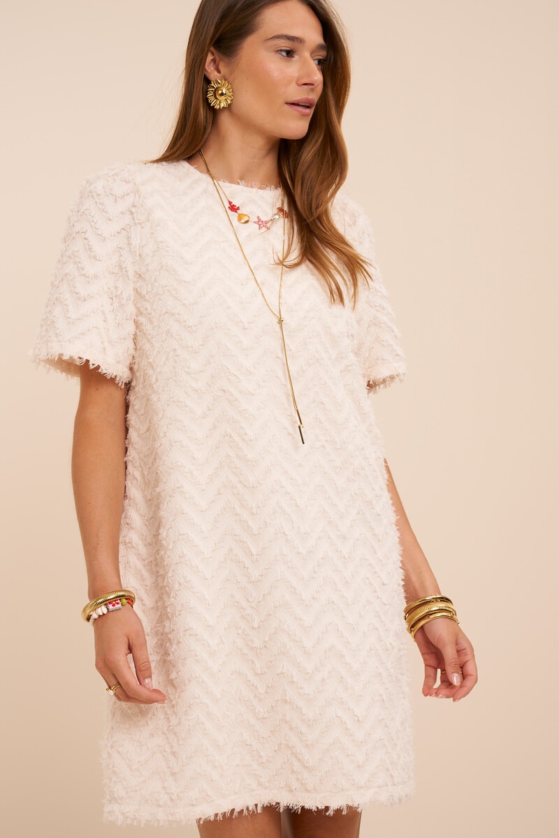 White fluffy jacquard dress with short sleeves | My Jewellery