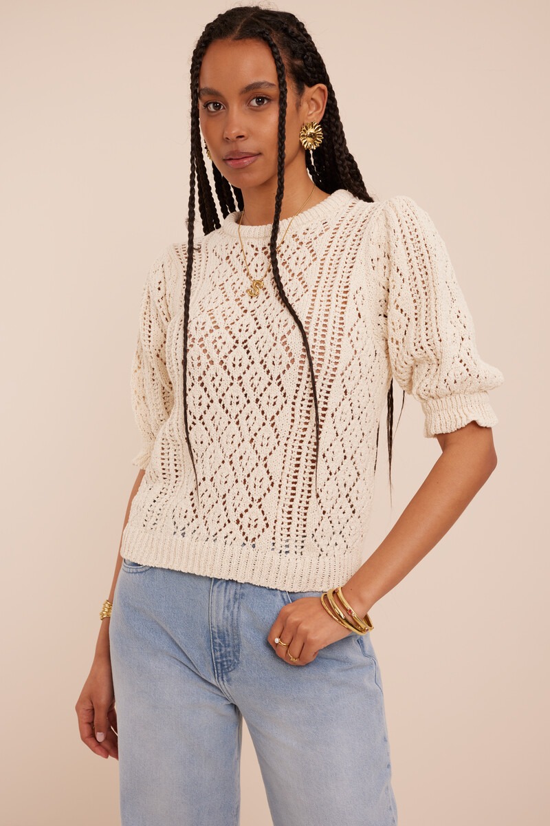 White knitted top with short sleeves and ajour | My Jewellery