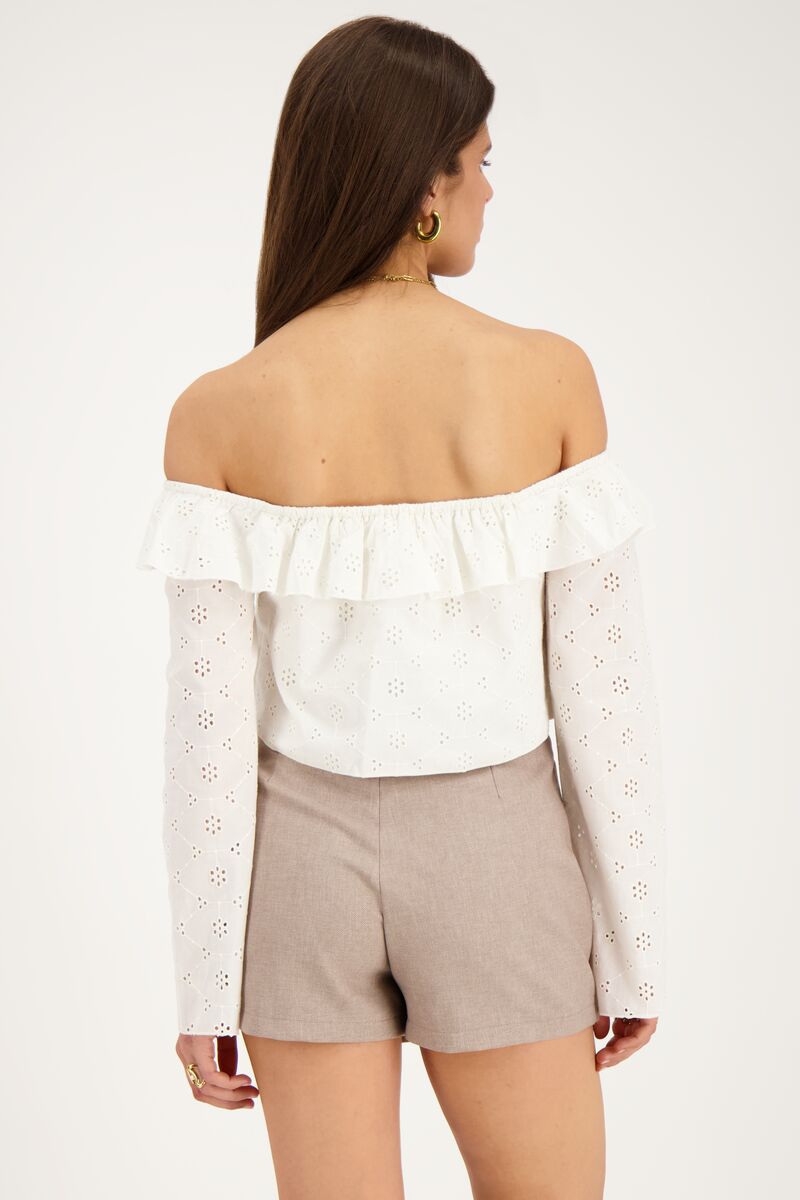 White off-shoulder top with embroidery and bow detail