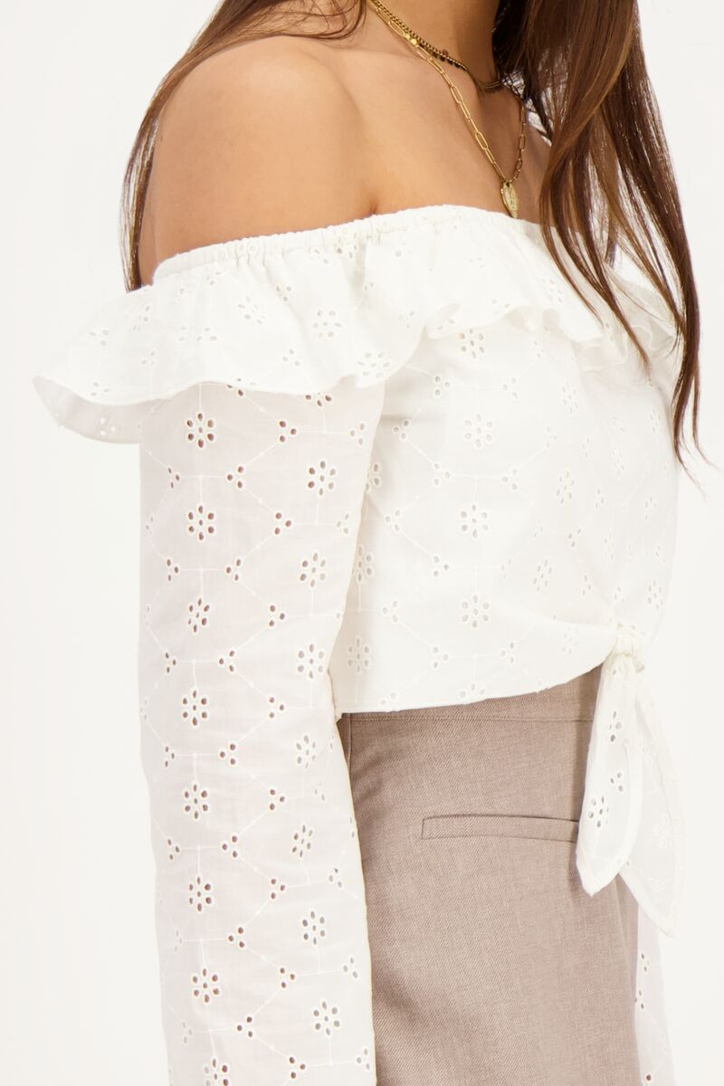 White off-shoulder top with embroidery and bow detail