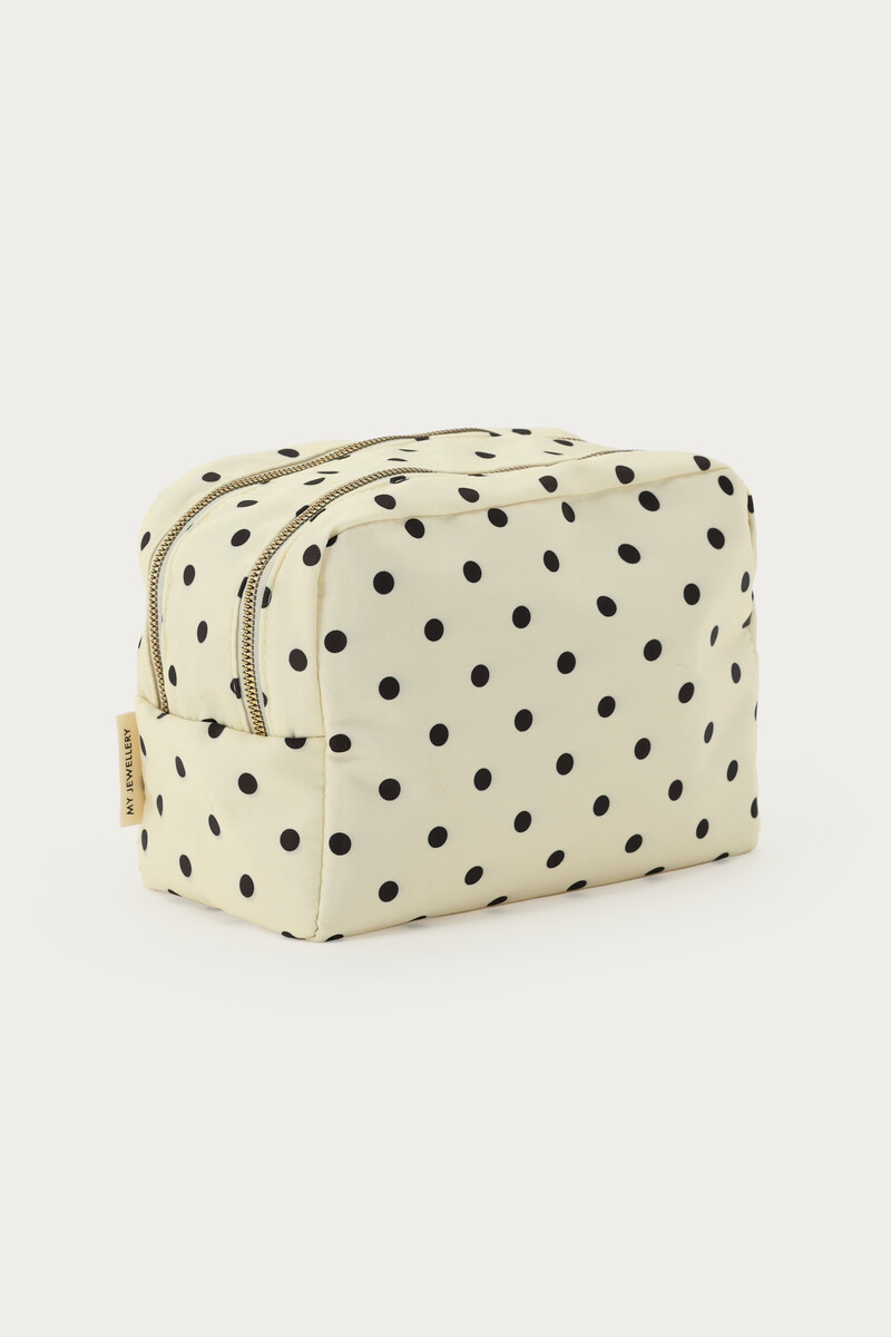 White polka dot toiletry bag with double zip | My Jewellery