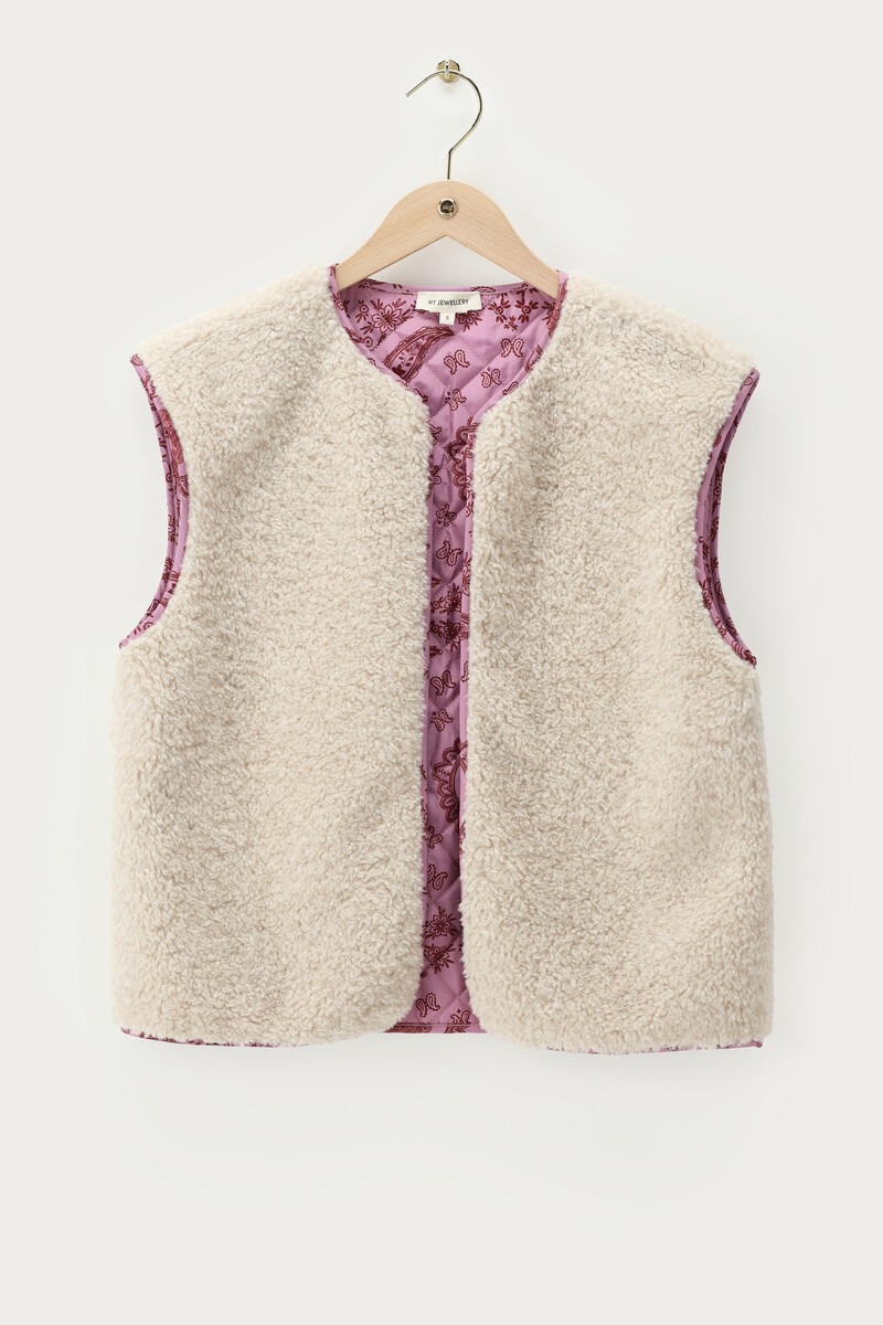 White reversible gilet with teddy bouclé and pink paisley print | My Jewellery