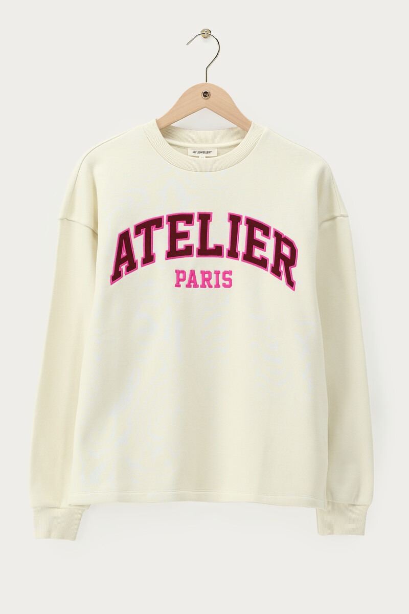 White sweater with satin-look print 'Atelier Paris' | My Jewellery