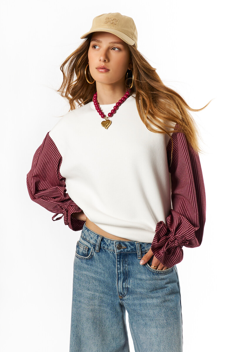 White sweater with striped sleeves | My Jewellery
