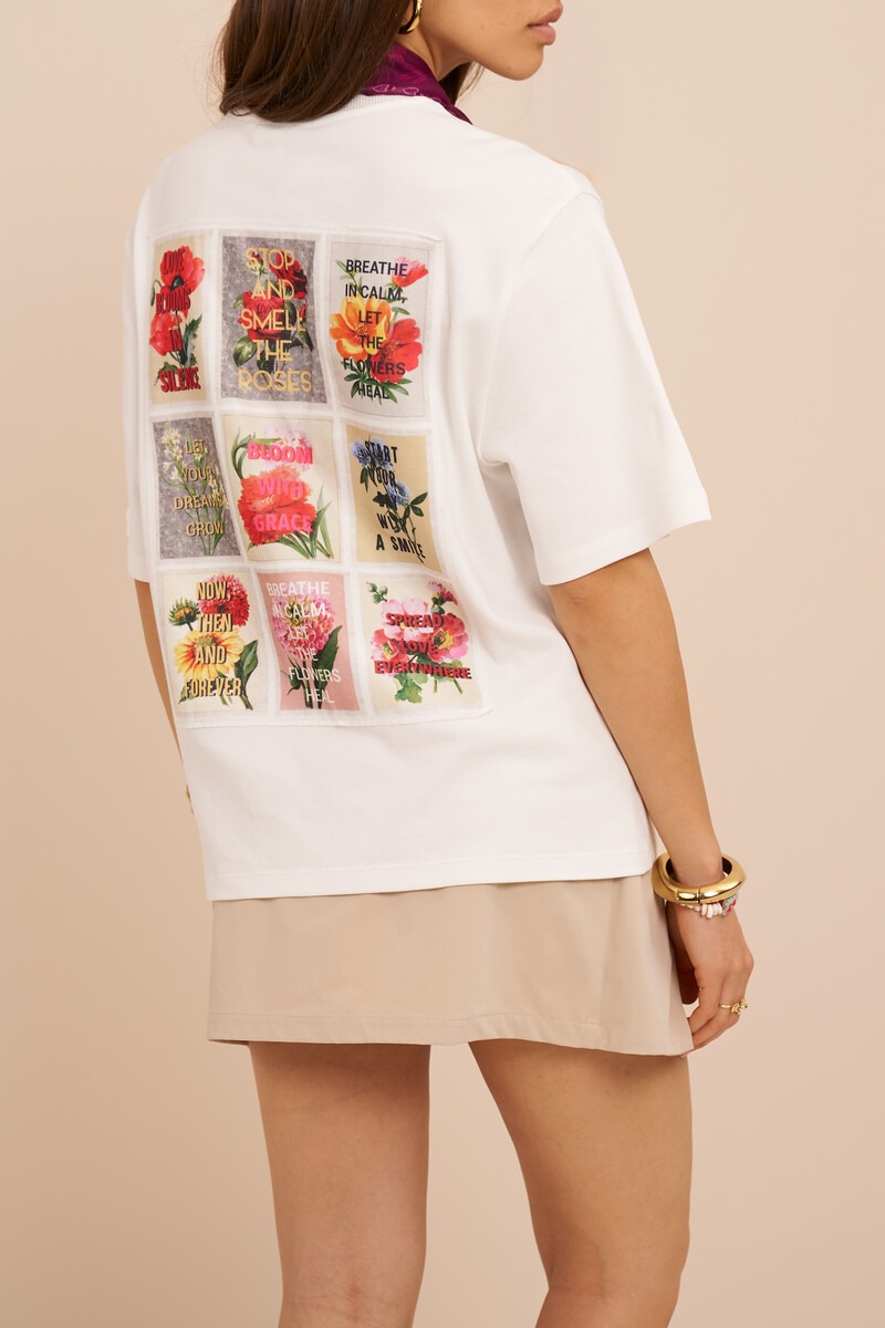 White T-shirt with floral print squares | My Jewellery