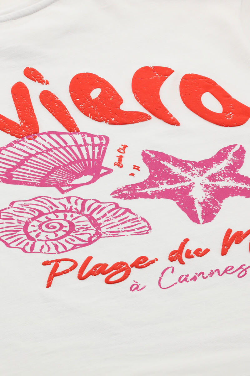 White T-shirt with orange "Riviera" | My Jewellery