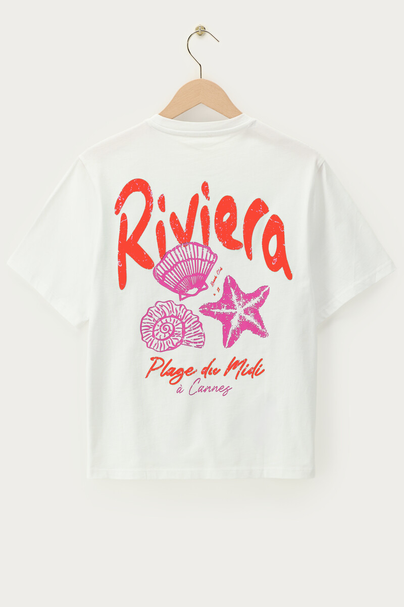 White T-shirt with orange "Riviera" | My Jewellery