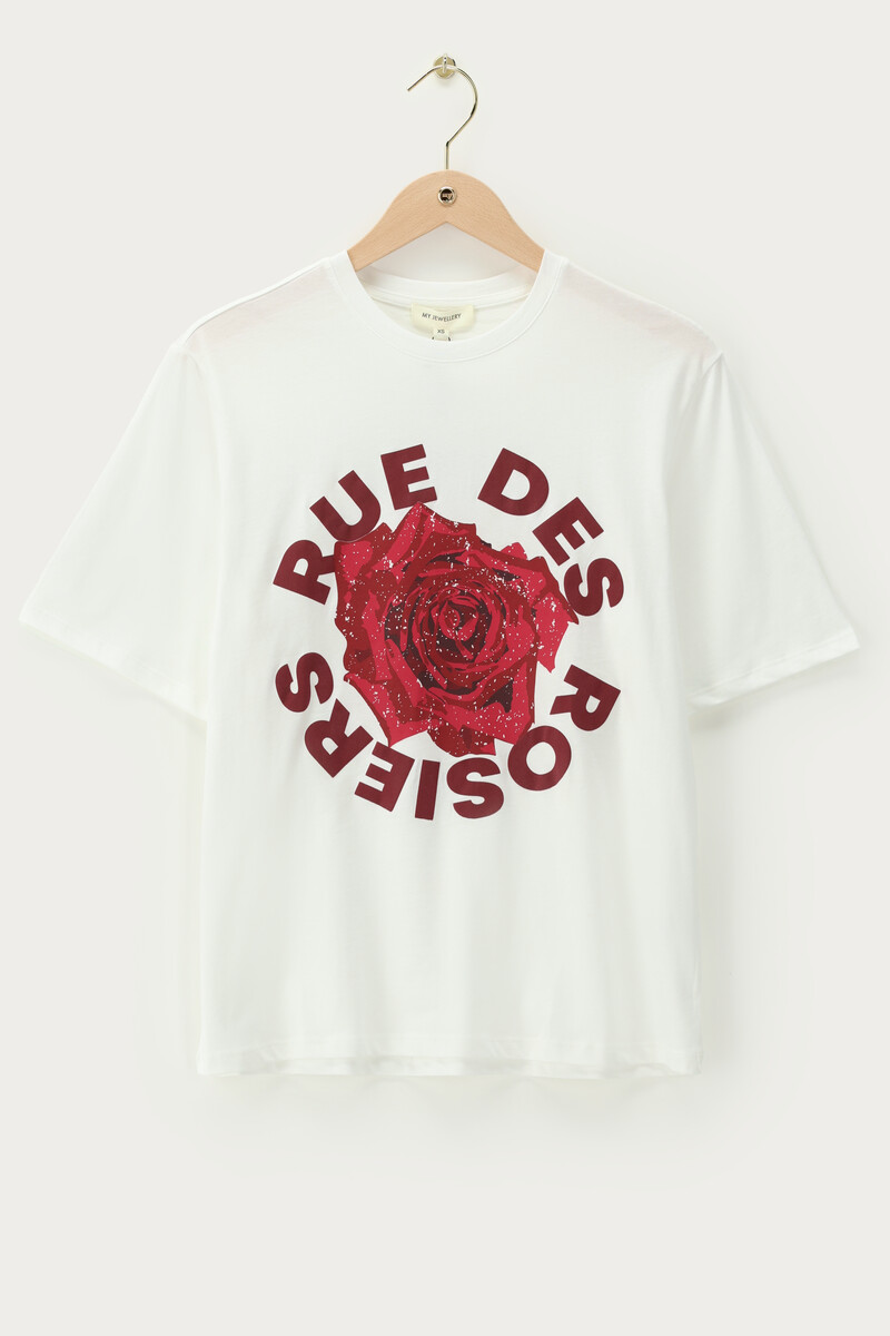 White T-shirt with rose "Rue des Rosiers" | My Jewellery