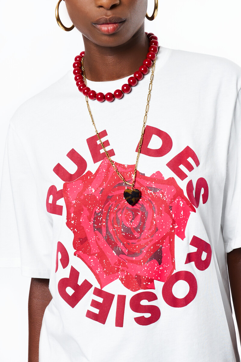 White T-shirt with rose "Rue des Rosiers" | My Jewellery