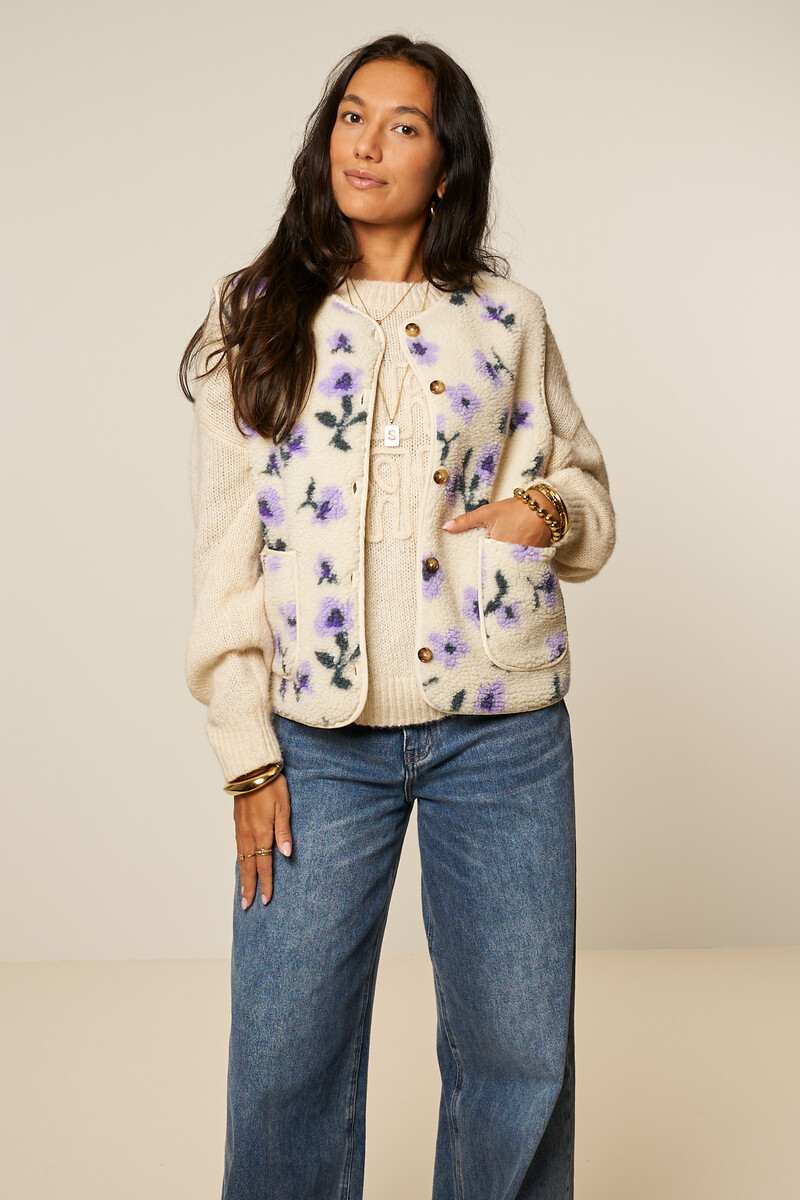 White teddy gilet with purple flowers | My Jewellery