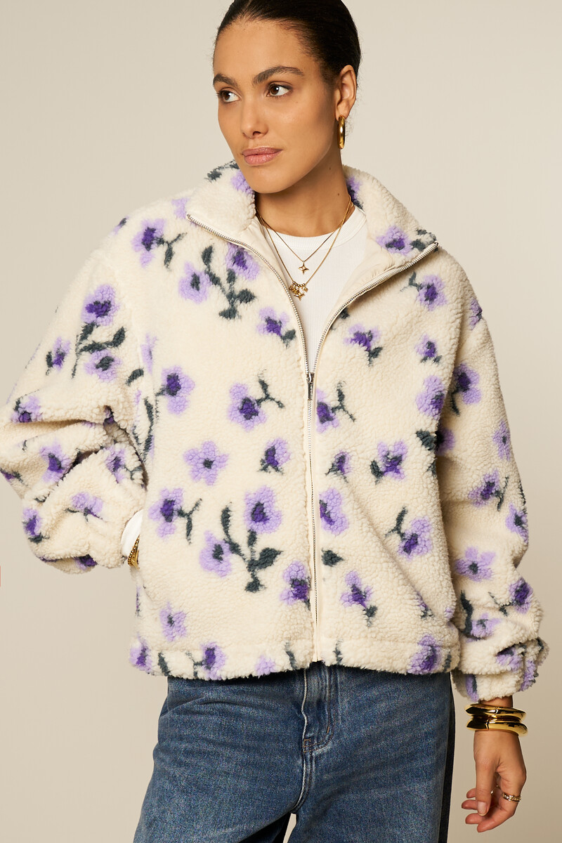 White teddy jacket with purple flowers | My Jewellery