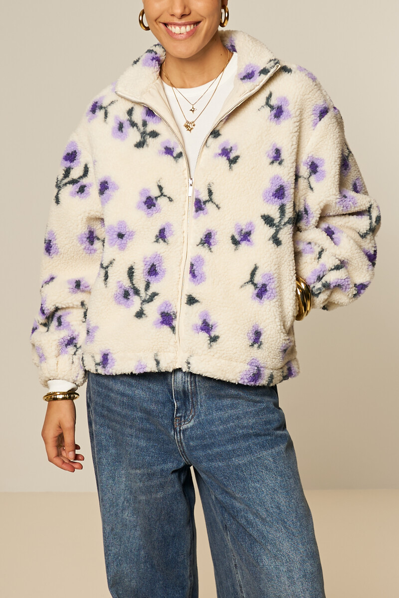 White teddy jacket with purple flowers | My Jewellery
