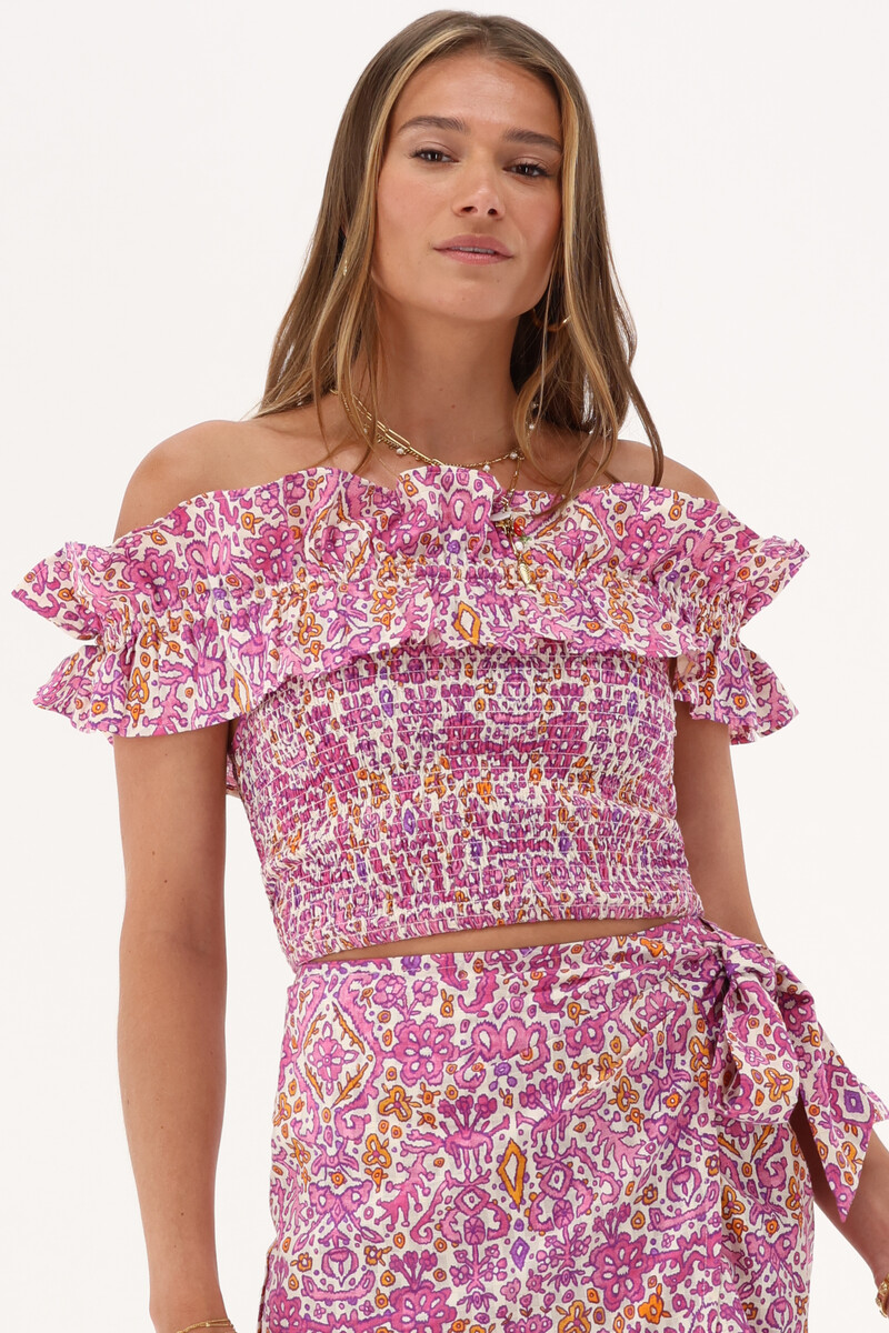 White top with pink &amp; orange bohemian print | My Jewellery
