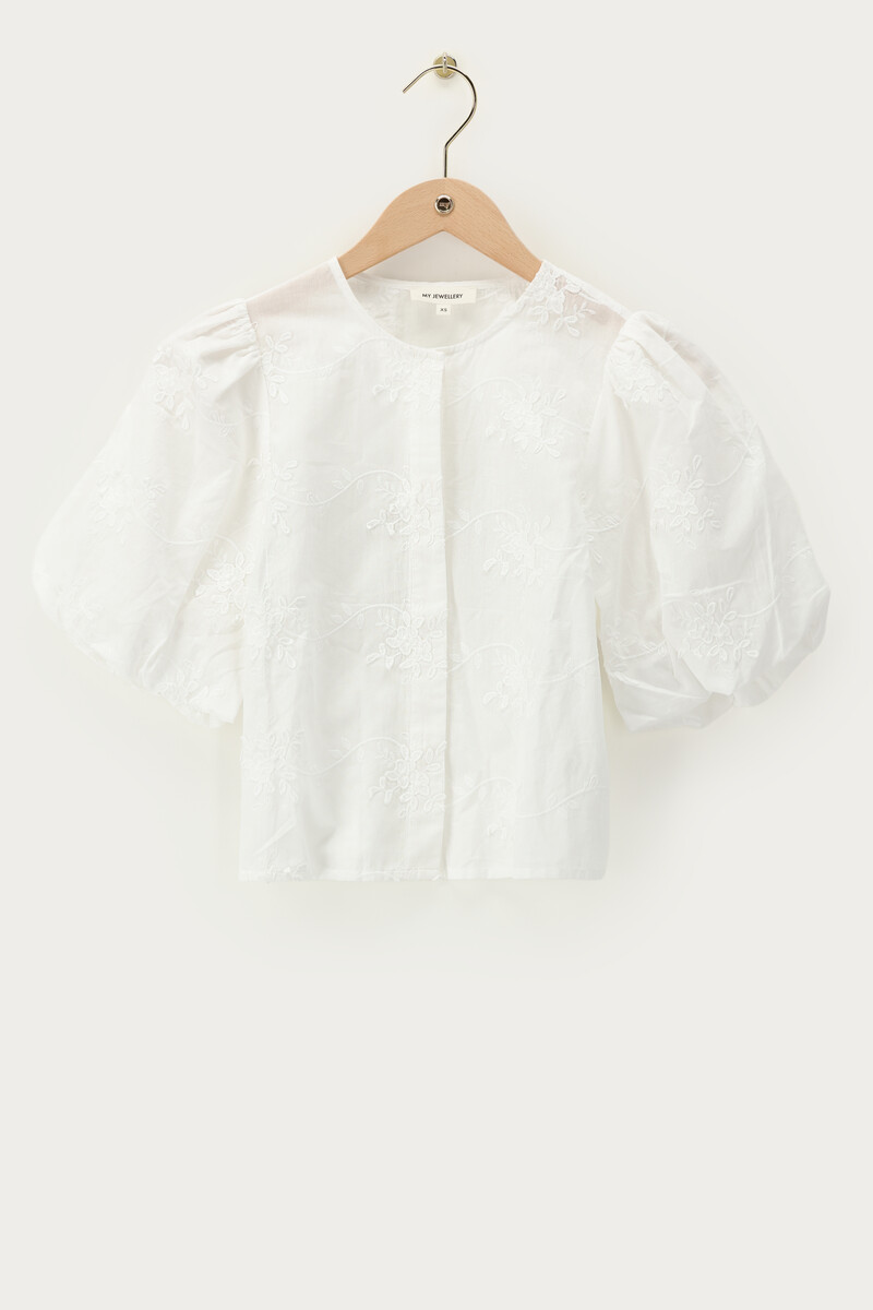 White top with puff sleeves & floral embroidery | My Jewellery