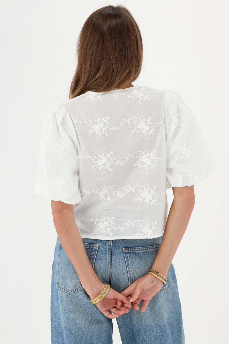 White top with puff sleeves & floral embroidery | My Jewellery