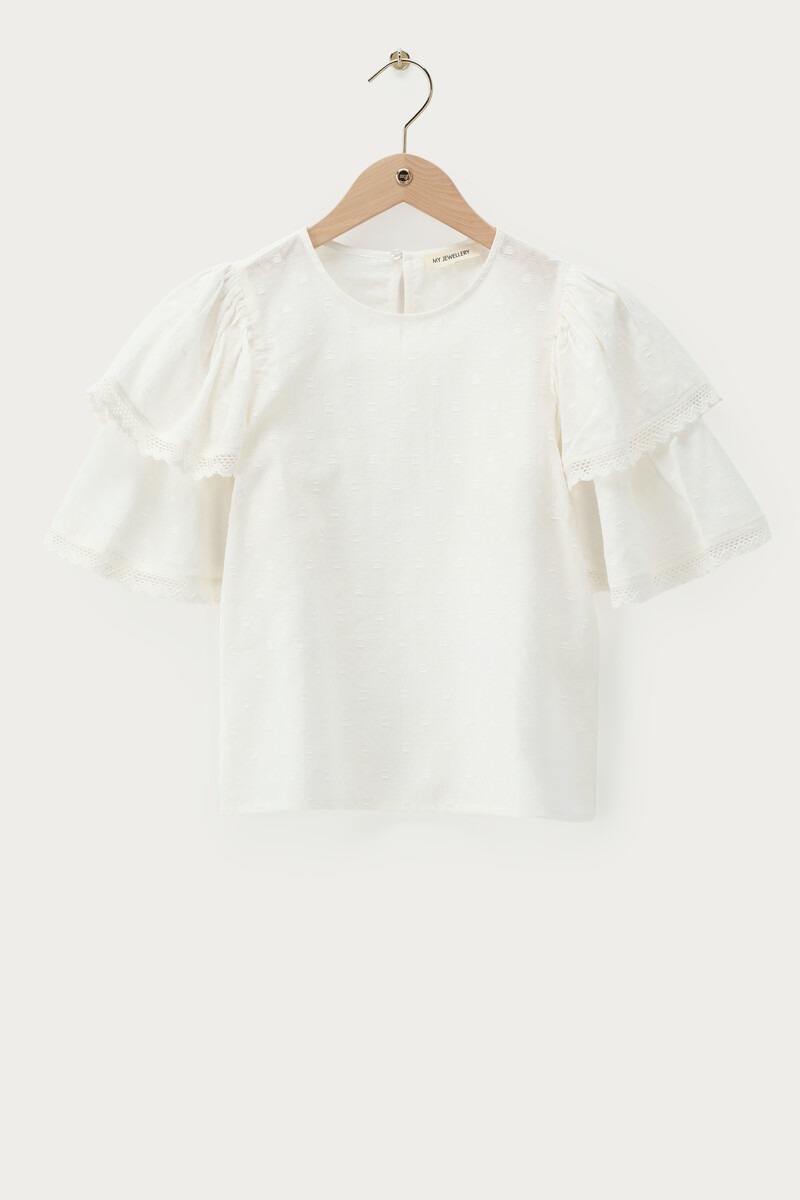 Weißes kurzärmeliges Oberteil mit doppelten Rüschen