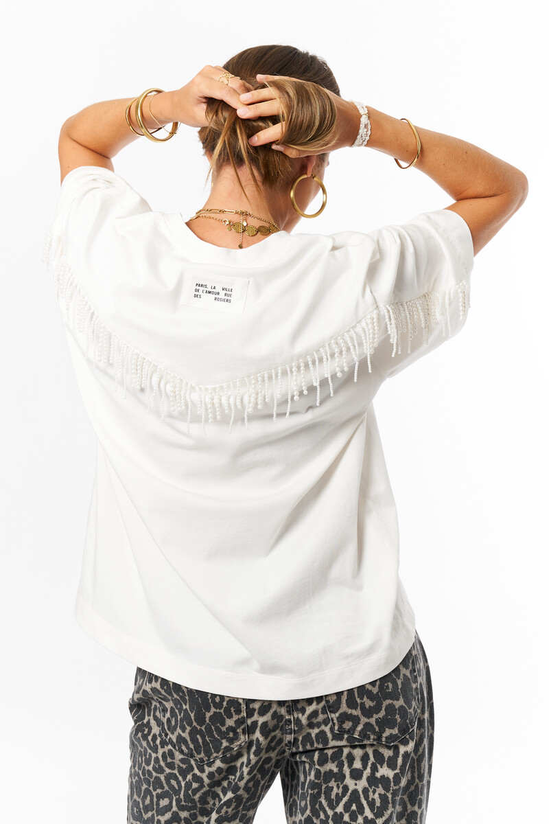 White T-shirt with pearl frills | My Jewellery