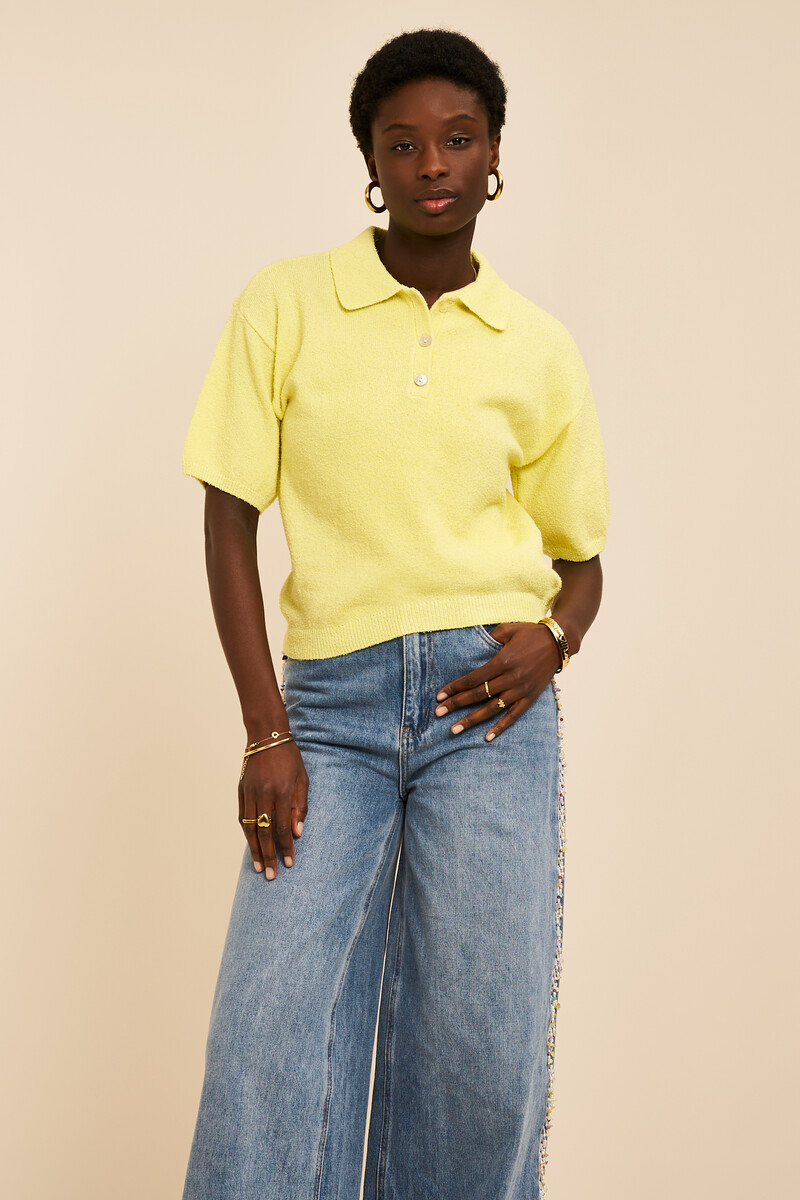 Yellow knitted bouclé polo shirt with short sleeves | My Jewellery