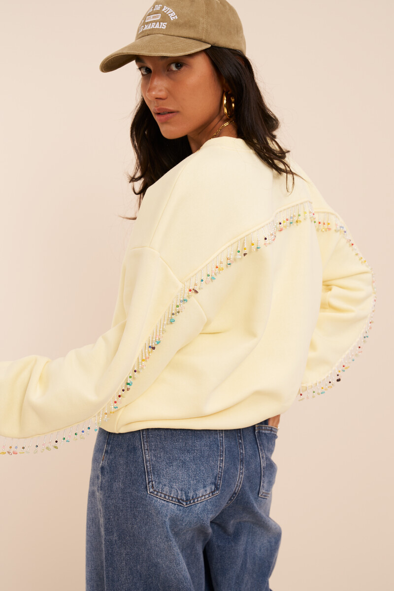 Yellow sweater with multicolour beaded fringes | My Jewellery