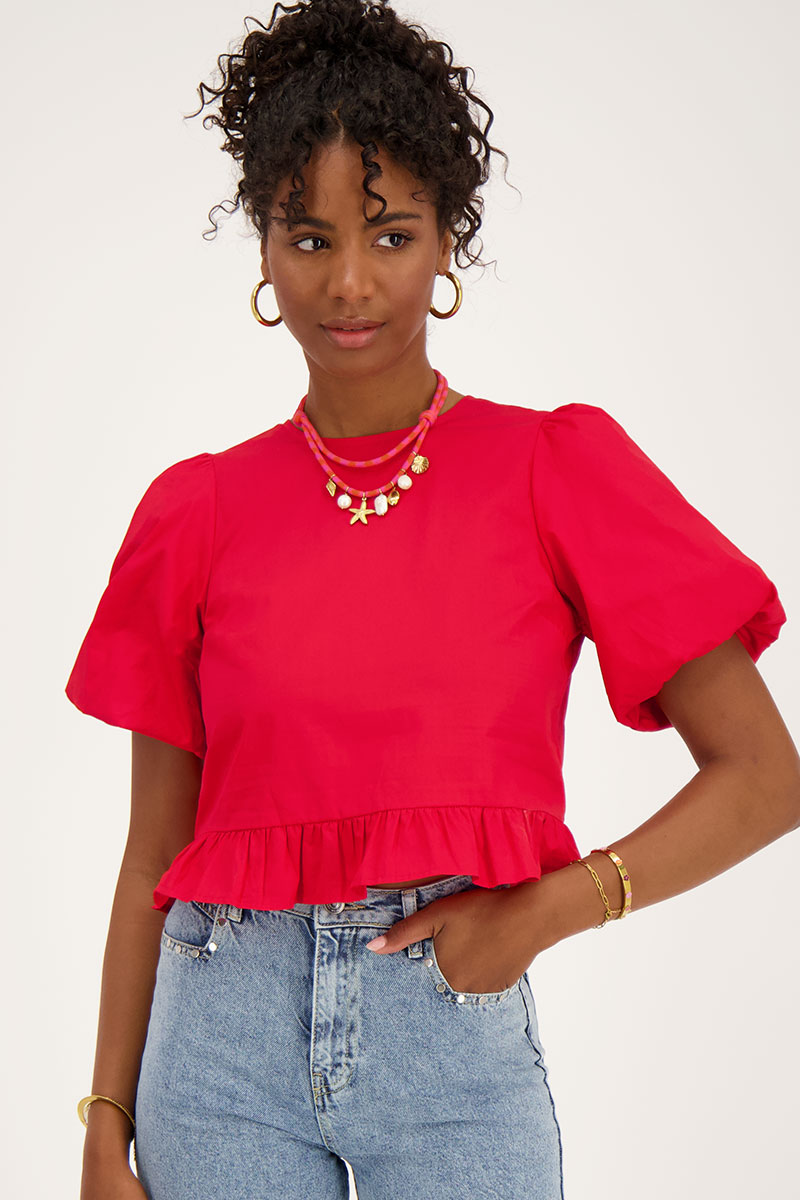 Puff-sleeved red blouse with bows on the back | My Jewellery