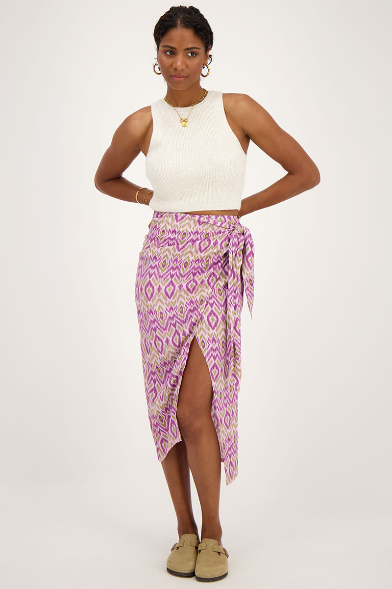 Purple midi overlap skirt with aztec print | My Jewellery