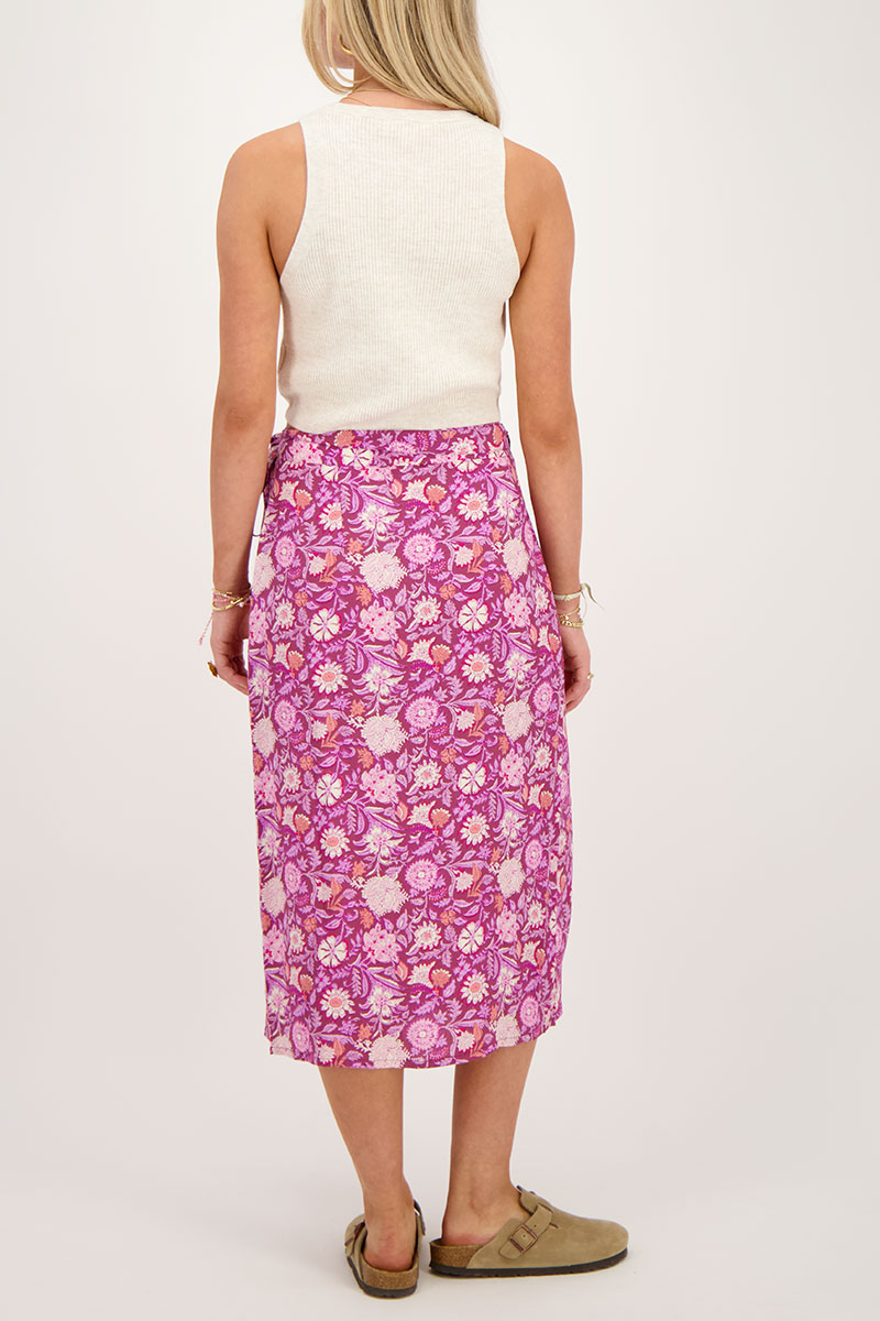 Purple midi wrap skirt with pink floral print | My Jewellery