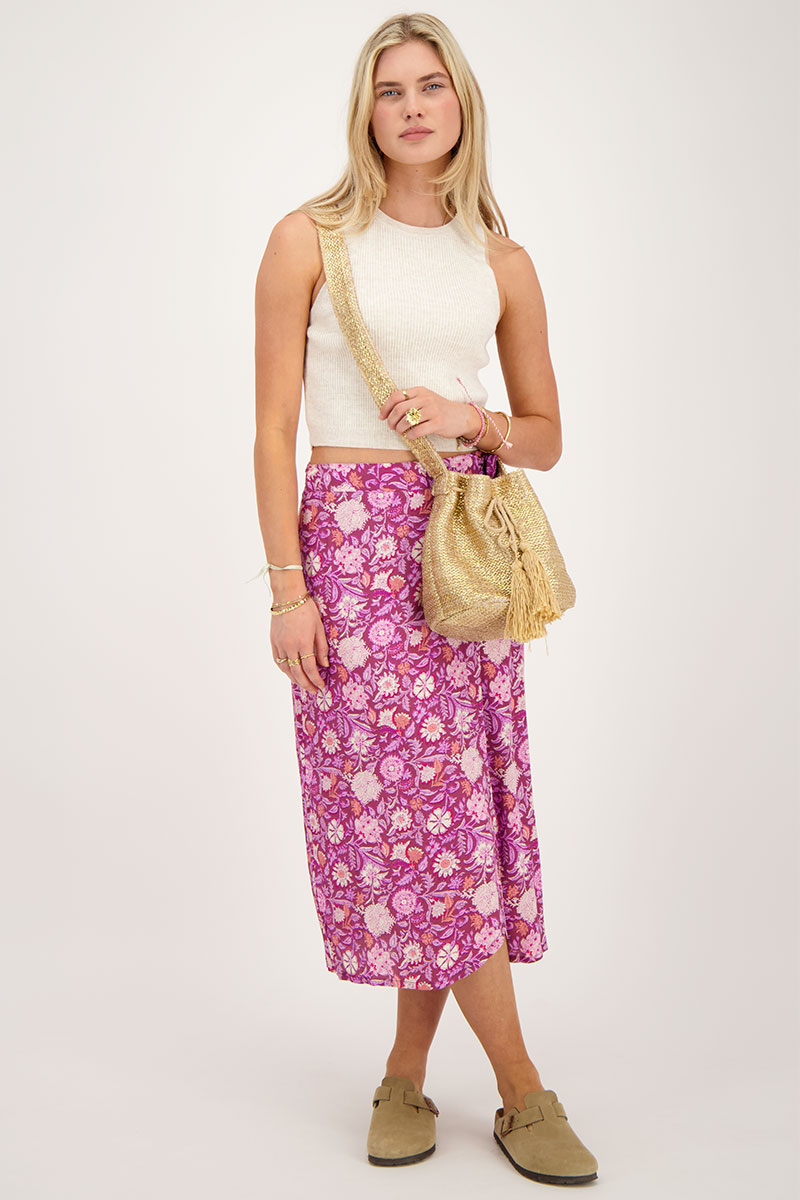 Purple midi wrap skirt with pink floral print | My Jewellery