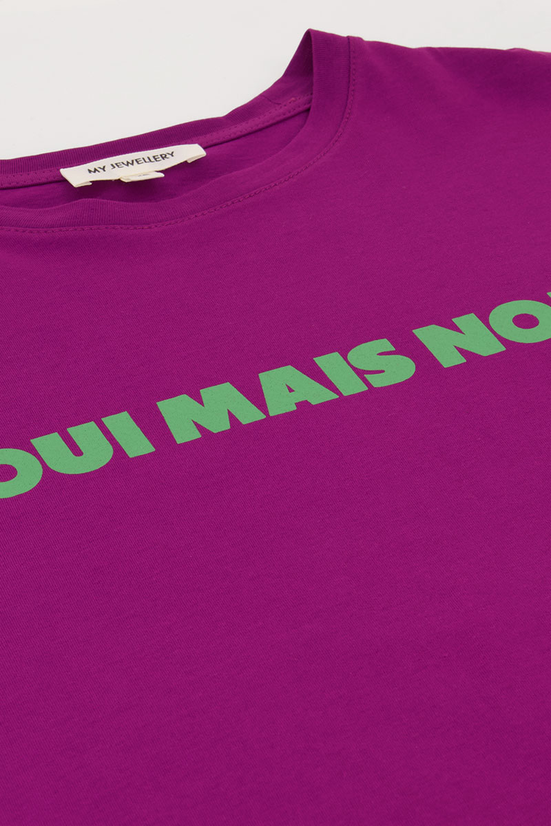 Purple T-shirt with green "Oui mais non" | My Jewellery