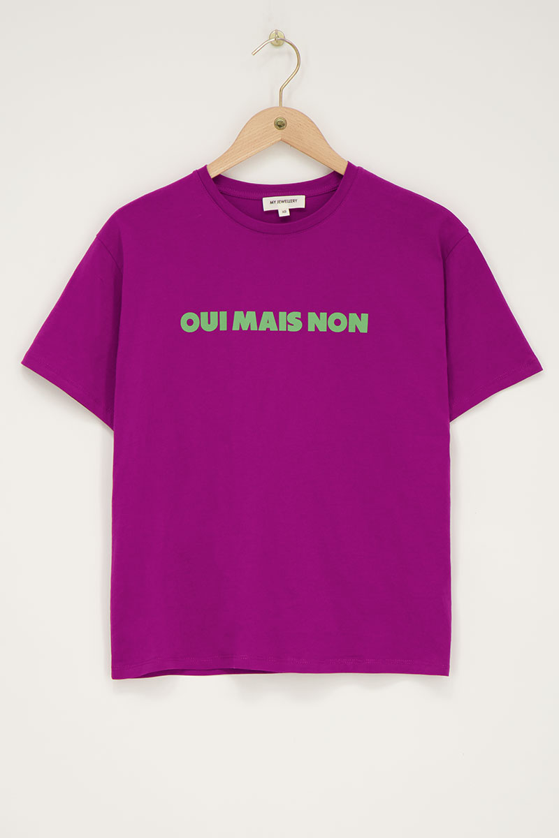Purple T-shirt with green "Oui mais non" | My Jewellery