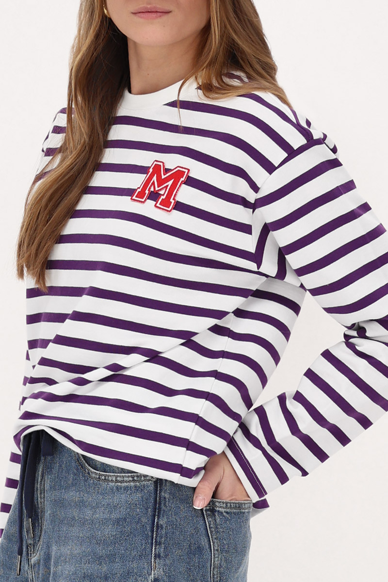 Purple and white striped long sleeve T-shirt with M patch | My Jewellery