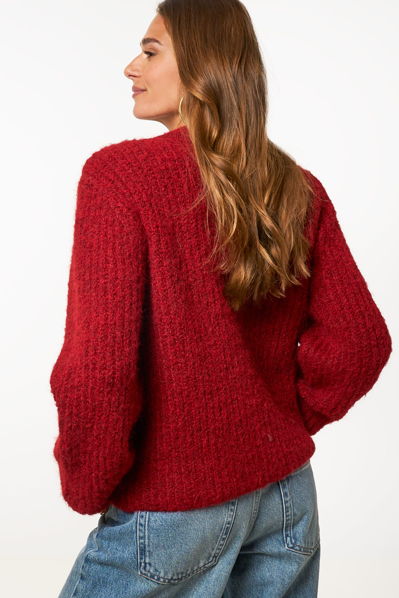 Red knitted cardigan with l'amour buttons | My Jewellery