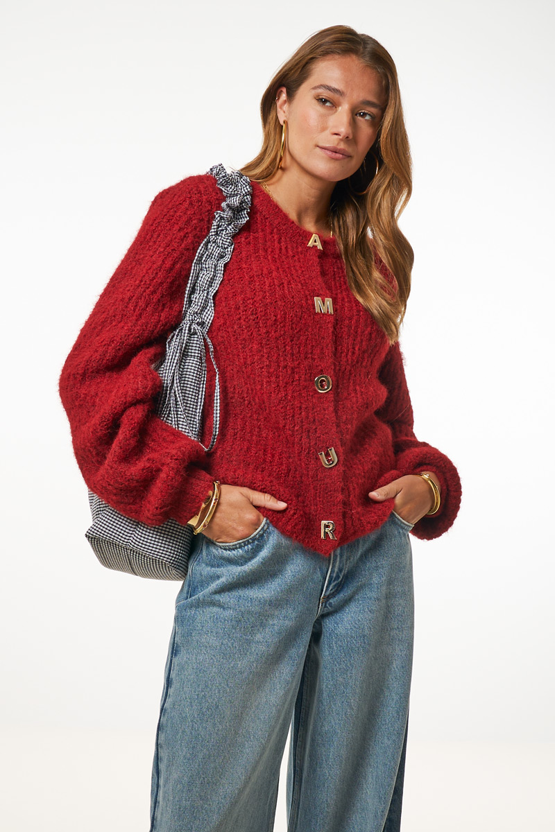 Red knitted cardigan with l'amour buttons | My Jewellery