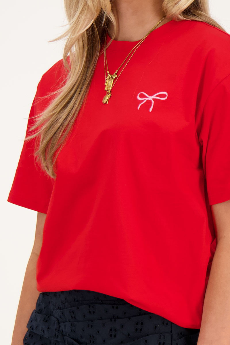 Red T-shirt with pink bow embroidery | My Jewellery