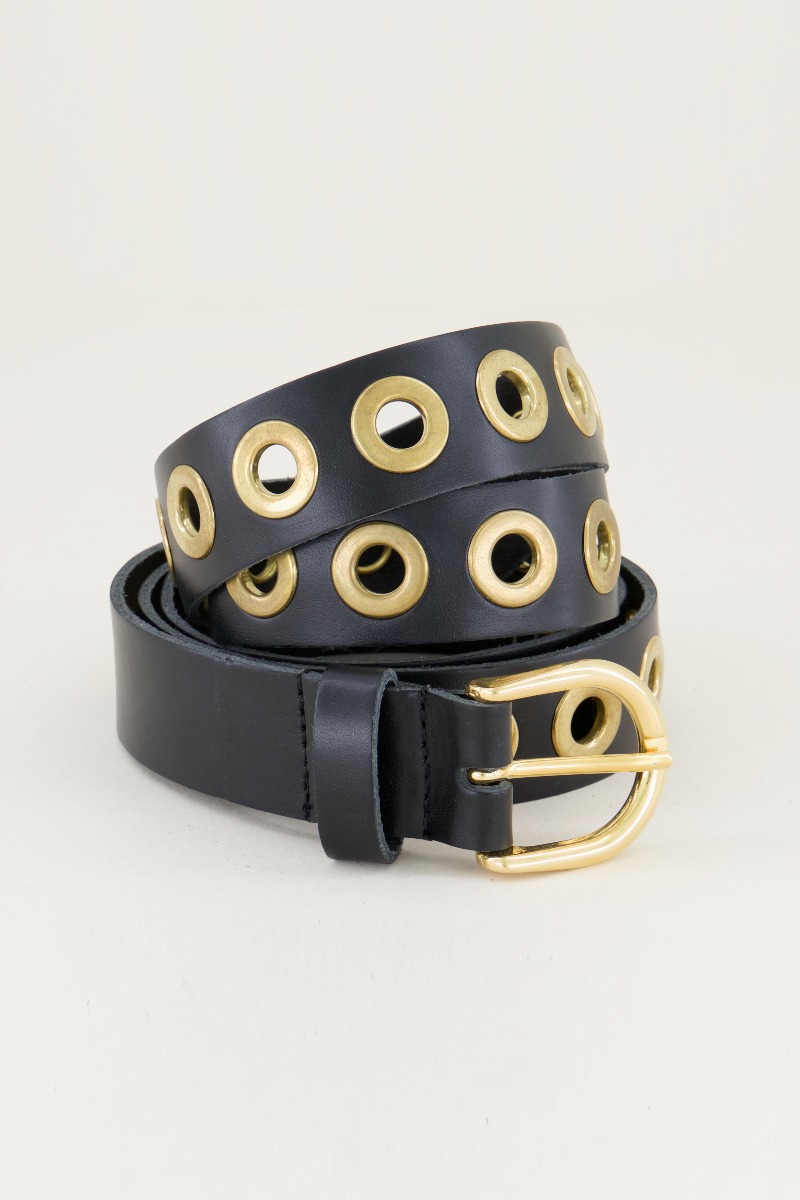 My jewellery Zwarte leren riem met goudkleurige ringen