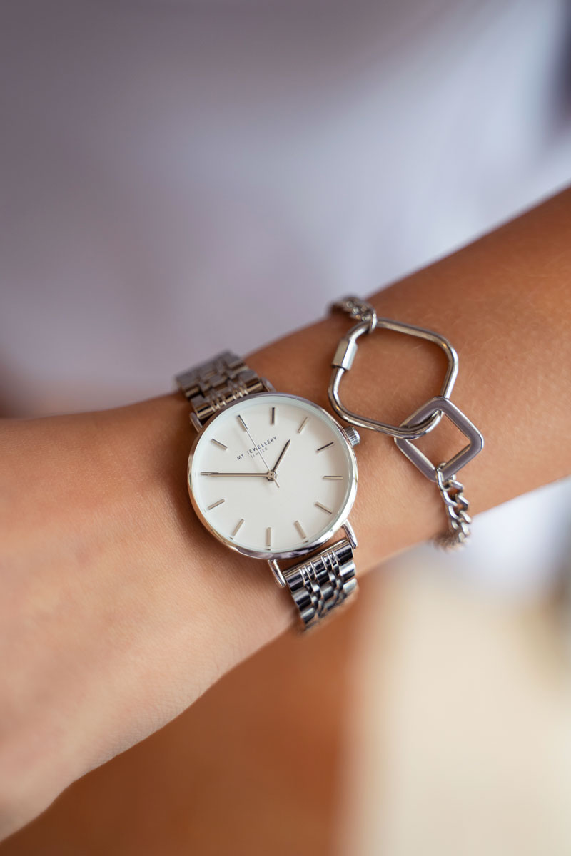 Rond horloge met schakels & witte wijzerplaat | My Jewellery