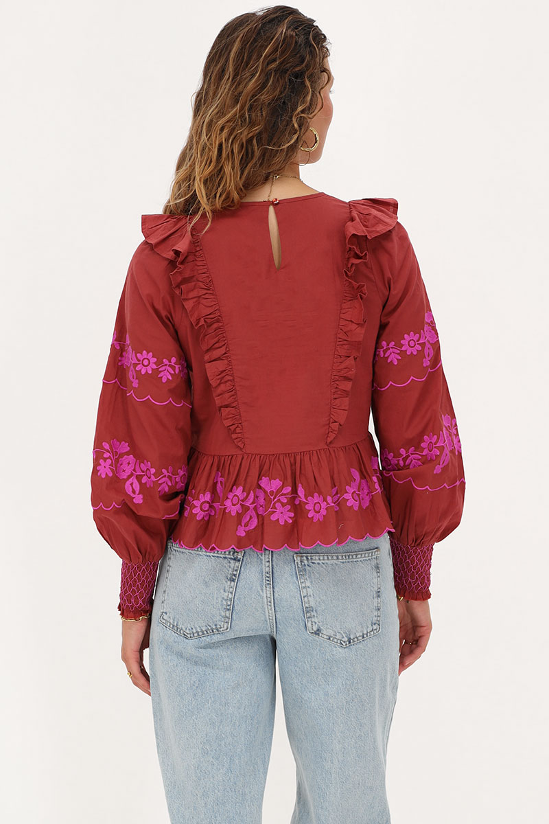 Rust-brown top with fuchsia embroidery | My Jewellery