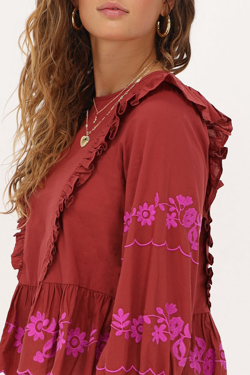 Rust-brown top with fuchsia embroidery | My Jewellery