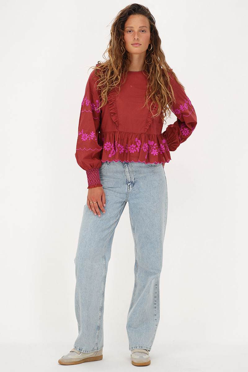 Rust-brown top with fuchsia embroidery | My Jewellery